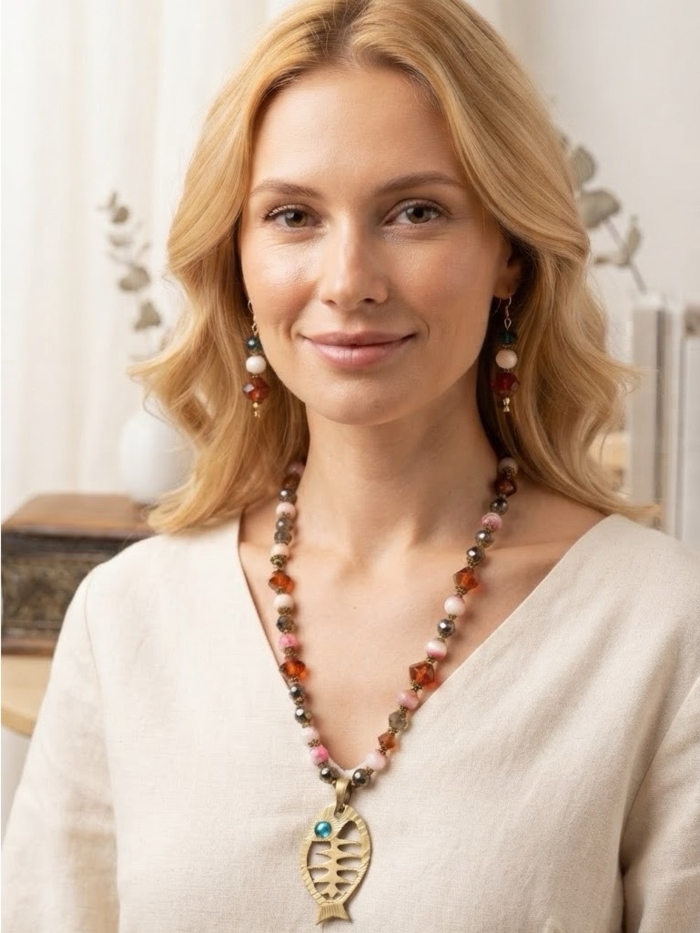 Handcrafted Multicolor Beaded Necklace with Gold Fish Pendant